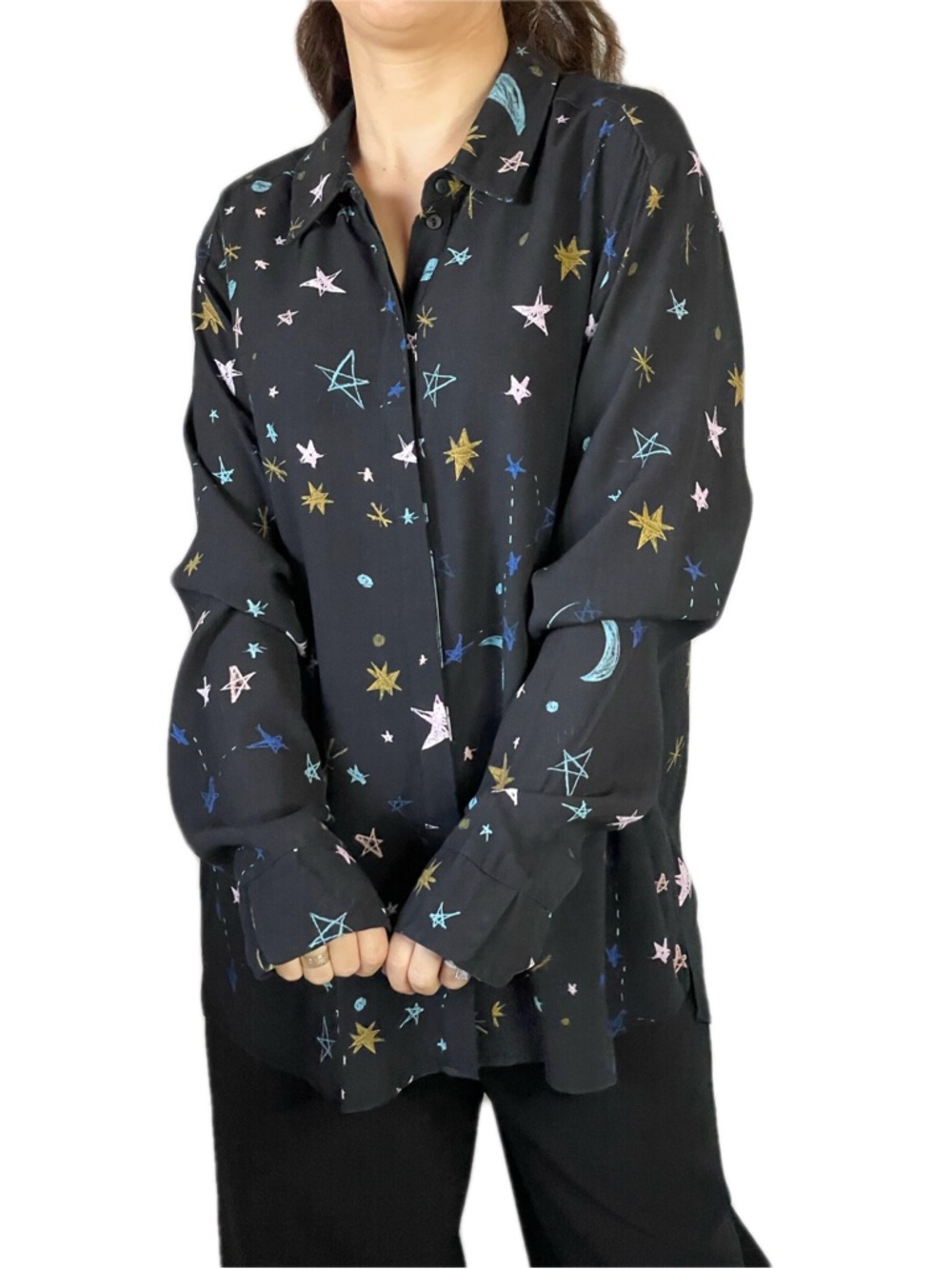 Space Star Galaxy Print Black Button-Down Womens Shirt Size 12